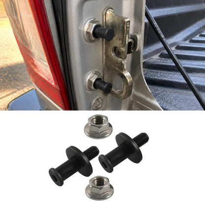 Tailgate lock bolt set installed on vehicle latch with black rubber knobs