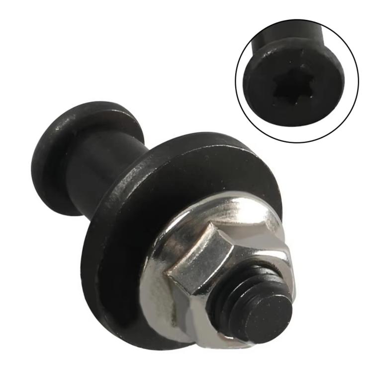 Close-up of black tailgate lock bolt with rubber bushing and threaded stud