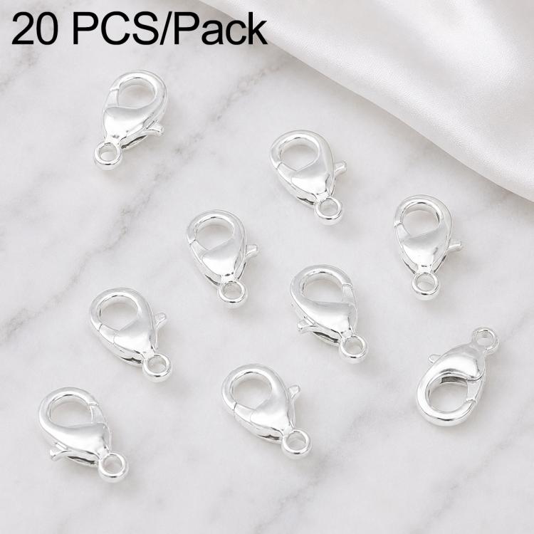 Silver-tone lobster clasp hardware with spring ring, multiple clasps for DIY jewelry links.