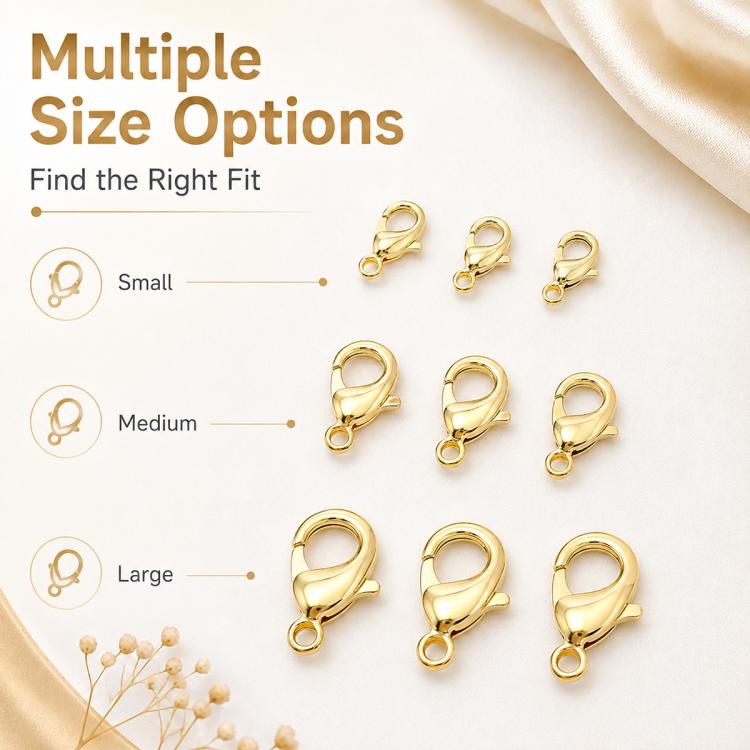 Gold plated lobster clasps in multiple sizes, assorted connectors with spring closure