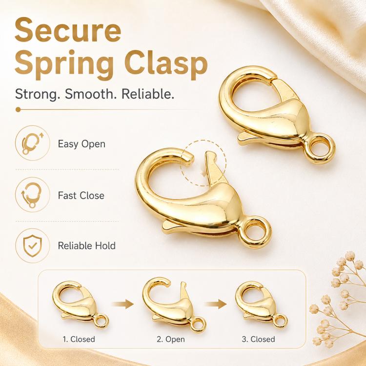 Gold plated lobster clasp spring closure pair, open and closed clasp with loop ring