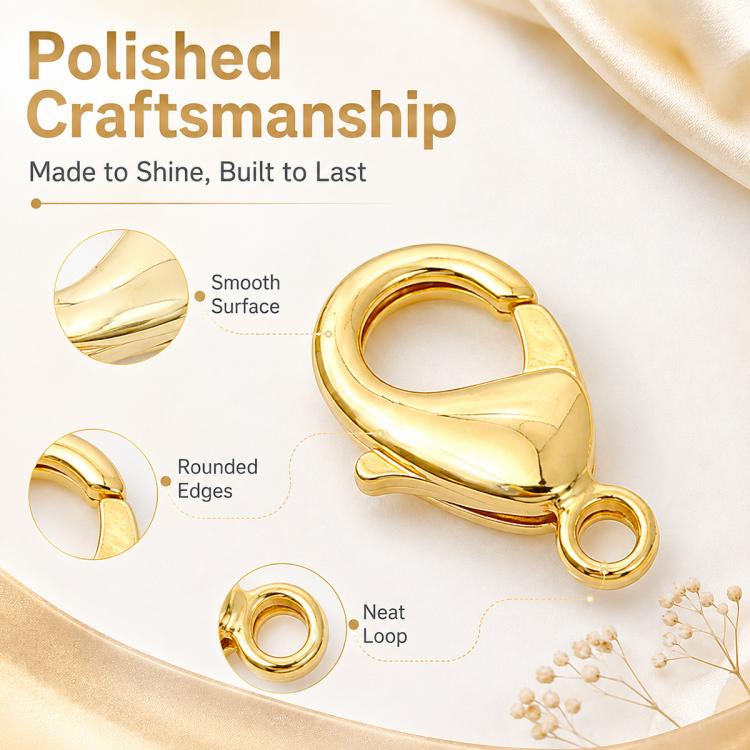 Gold plated lobster clasp spring buckle, polished rounded clasp with neat loop