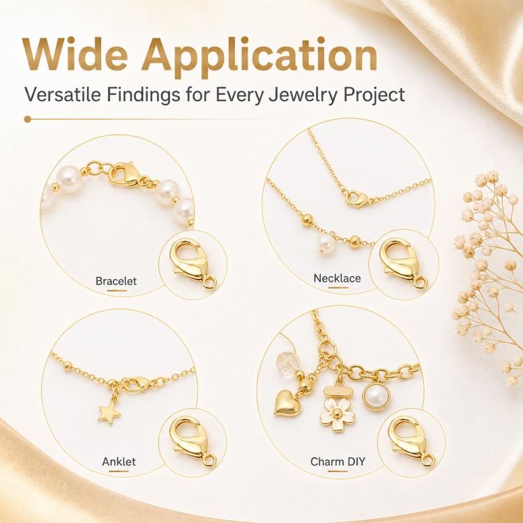 Gold plated lobster clasp spring buckles for jewelry projects, shown with bracelet and necklace