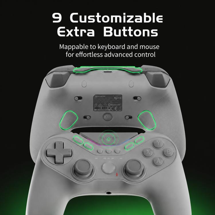 Gray wired game controller with customizable extra buttons and green-lit accents