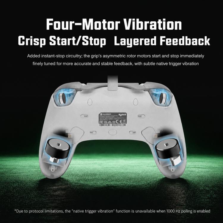 Wired game controller front view with four top grip lights and vibration modules