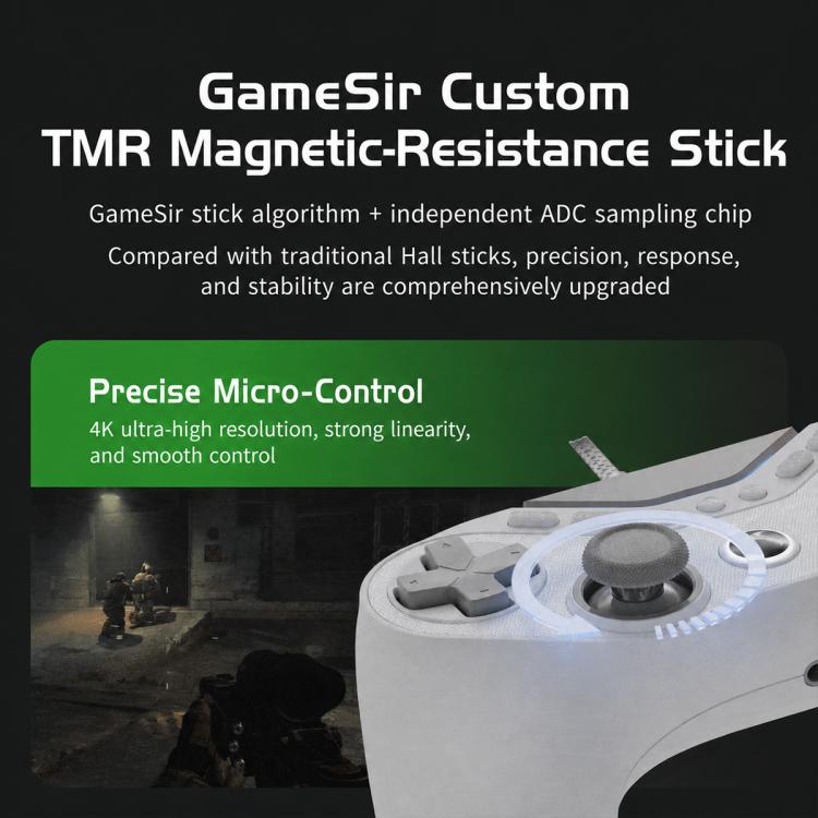 Wired white controller with detailed thumbstick and top grip module