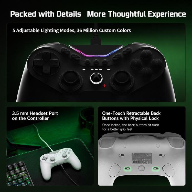Wired white controller with illuminated RGB accents and visible retractable back buttons