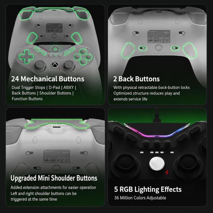 Wired white controller with back-button section, mini shoulder buttons, and RGB lighting
