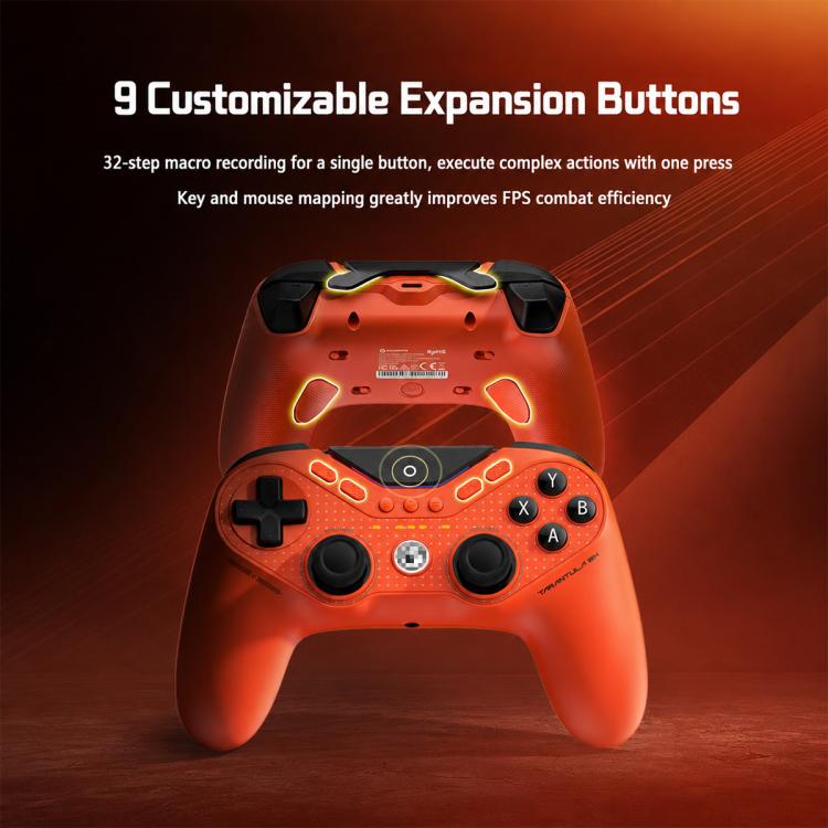 Orange game controller with top expansion buttons and illuminated ABXY controls