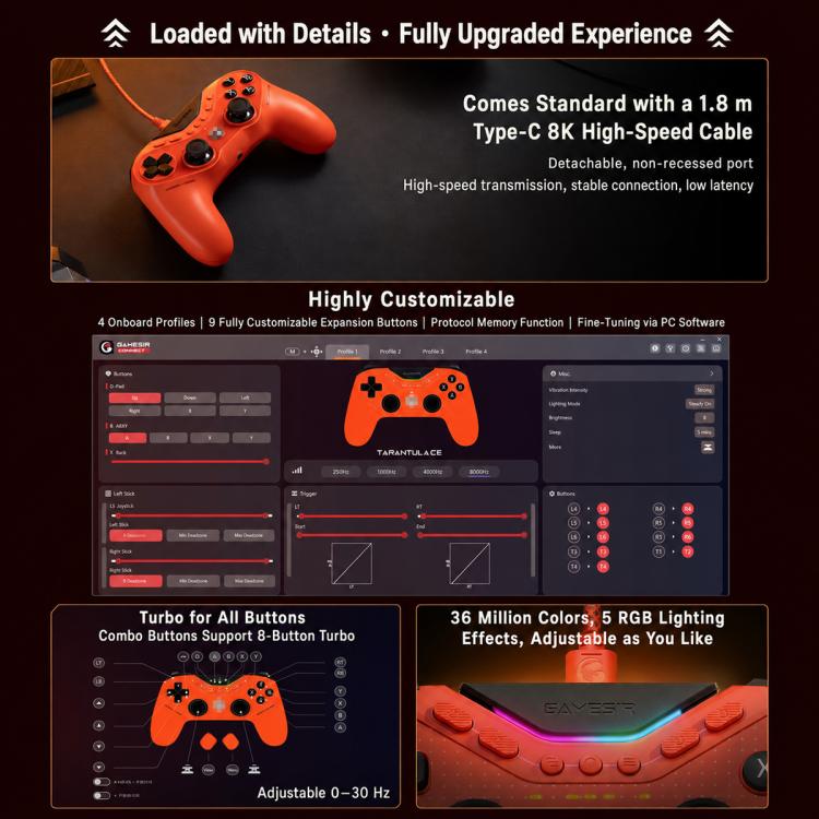 Orange wired game controller with black thumbsticks and face buttons, detailed design