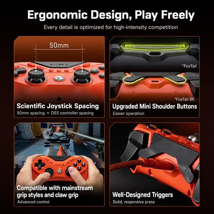 Ergonomic orange wired game controller with black thumbsticks, triggers, and textured grip