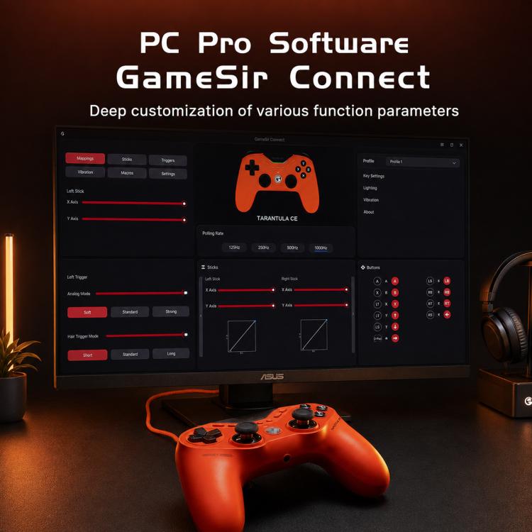 Orange wired game controller with black grips and thumbsticks, front view