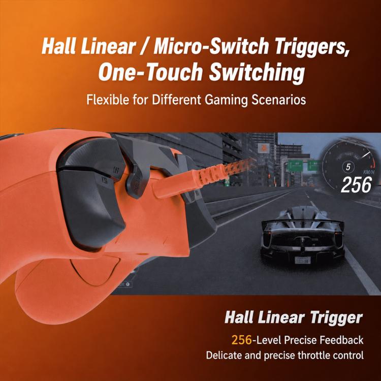 Orange wired game controller close-up with black trigger housing and textured grip