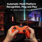 Orange wired game controller held by hands, showing ABXY buttons and thumbsticks