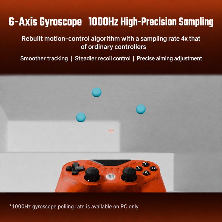 Orange wired game controller with thumbsticks and ABXY buttons on a white stand