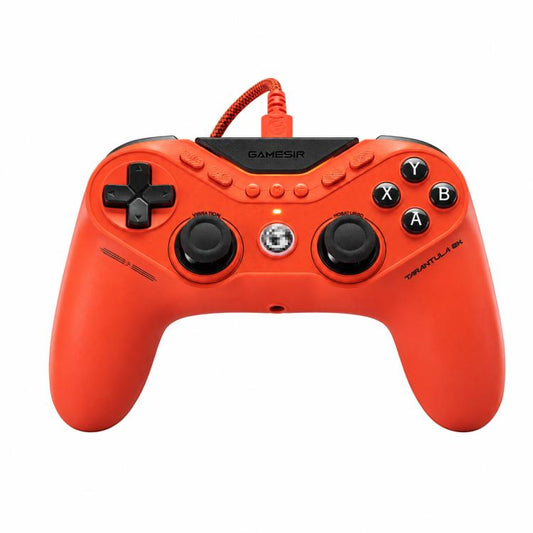 Orange wired game controller with dual analog sticks and ABXY button layout