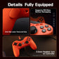 Orange wired game controller with anti-slip grip texture and 3.5mm headset jack