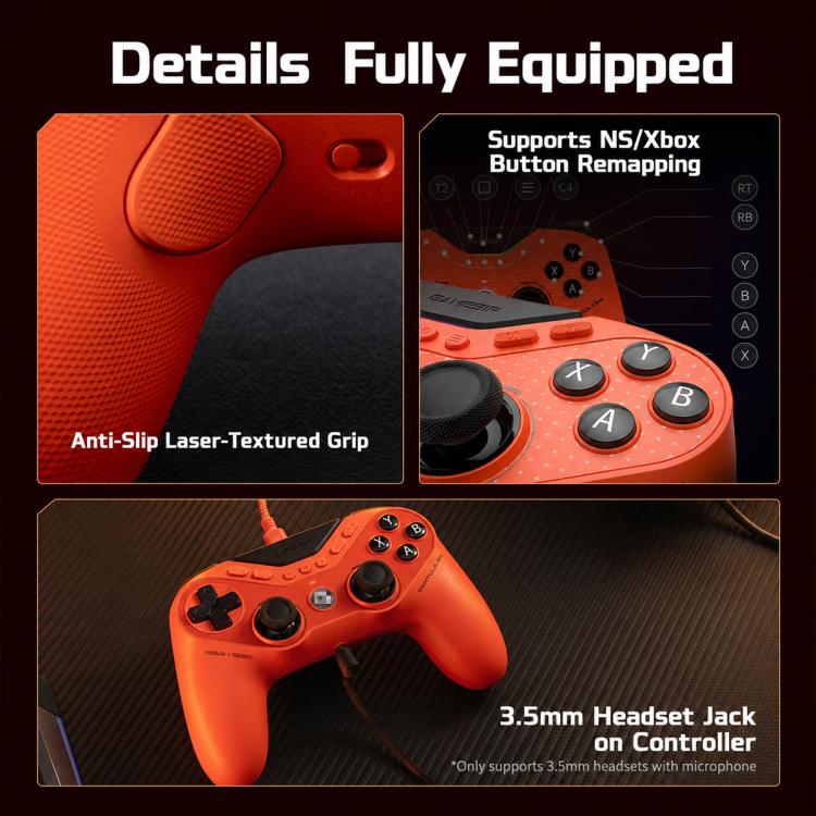 Orange wired game controller with anti-slip grip texture and 3.5mm headset jack