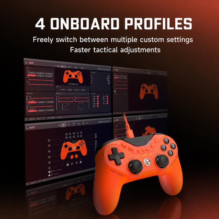 Orange wired game controller in front of a screen, showing ABXY buttons and sticks