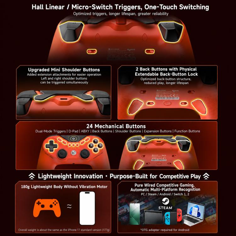 Orange wired game controller top view with triggers, mini shoulder buttons, and back controls