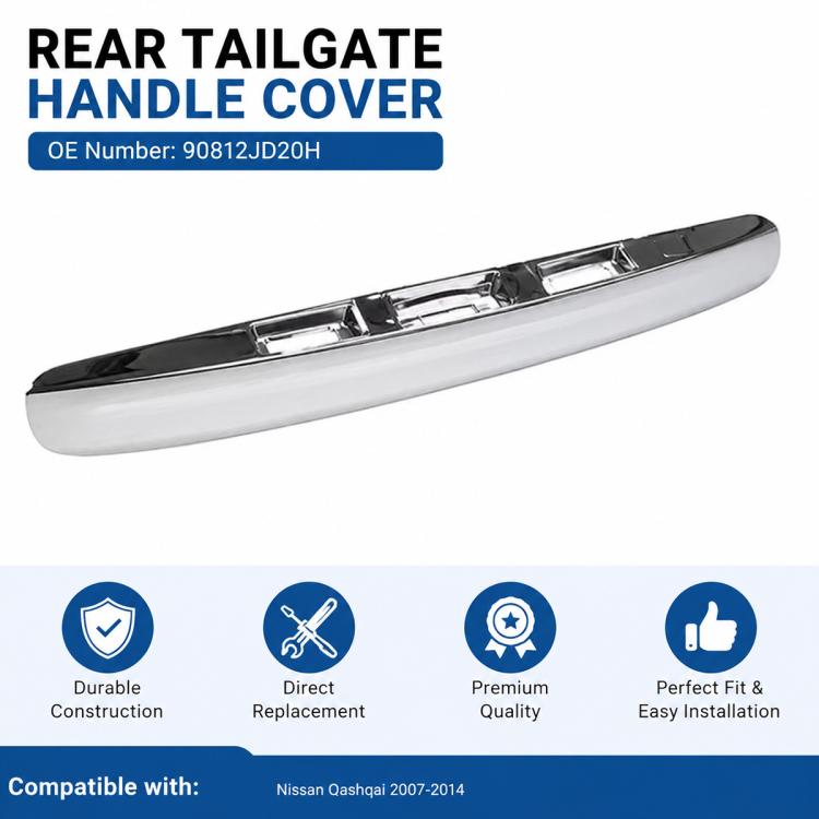 Chrome rear tailgate handle cover with black edge, shown from a front angle.