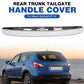Rear tailgate handle cover installed on a blue car trunk, chrome finish visible.