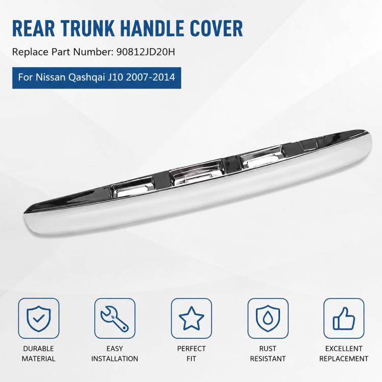 Chrome rear trunk handle cover strip with black top edge and mounting details.
