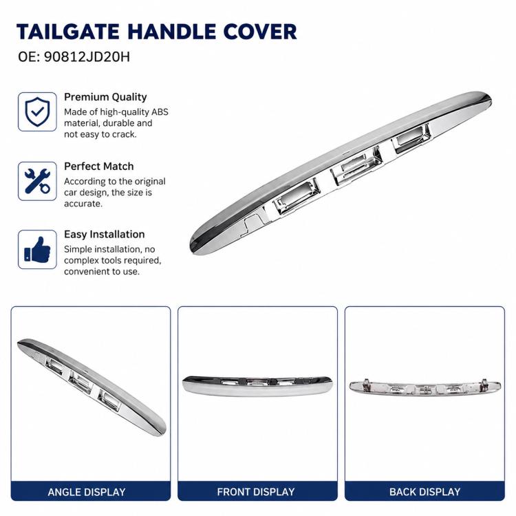 Rear tailgate handle cover, front and side views showing the chrome strip profile.