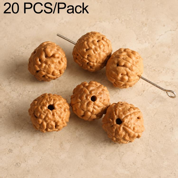 Warm caramel-brown round seed beads with carved texture and drilled holes on a pin