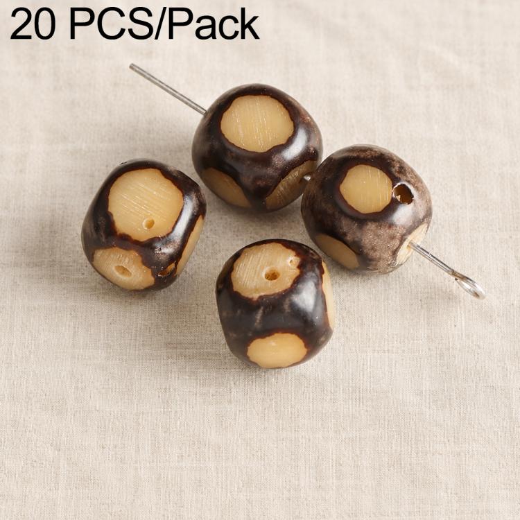 Dark brown seed beads with tan circular centers and through holes on pins.