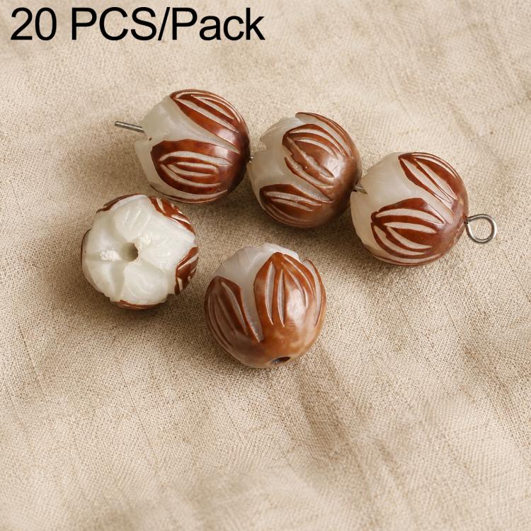Carved wood-toned and white seed beads with swirl lines on metal pins.