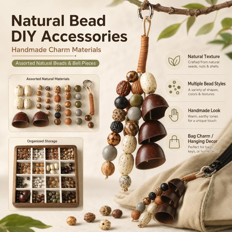 Natural bead DIY charm set with mixed seed beads and coconut shell bell pieces