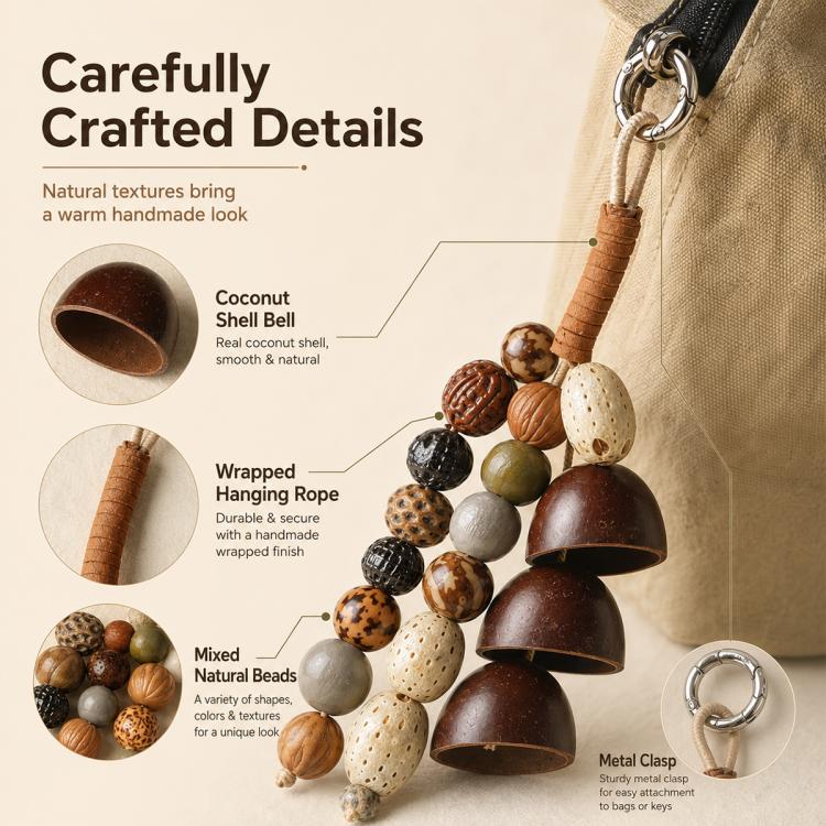 Handcrafted bead bag charm with wrapped hanging rope and coconut shell bells
