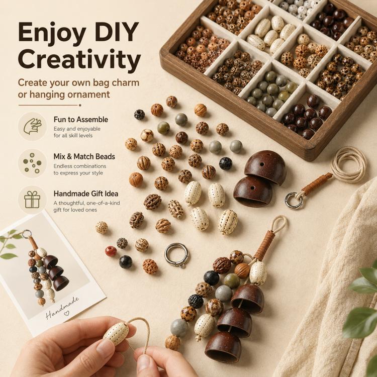 DIY natural bead kit with organized bead tray, string, and charm parts