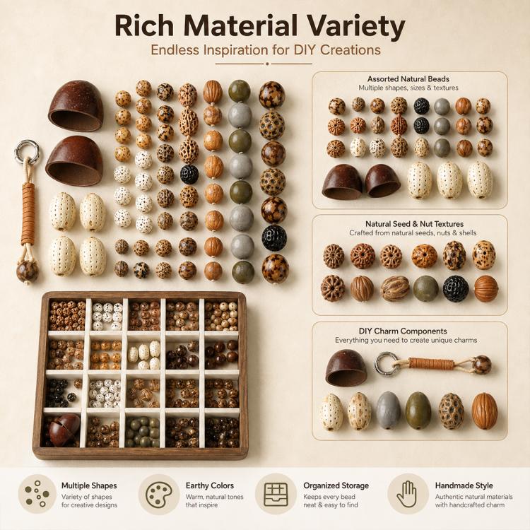 Natural seed and shell bead variety set with organized compartments and hanging charm parts