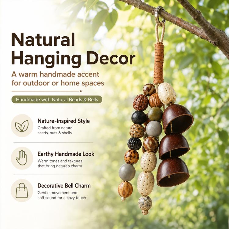 Natural hanging decor with mixed seed beads and dark bell charm on cord