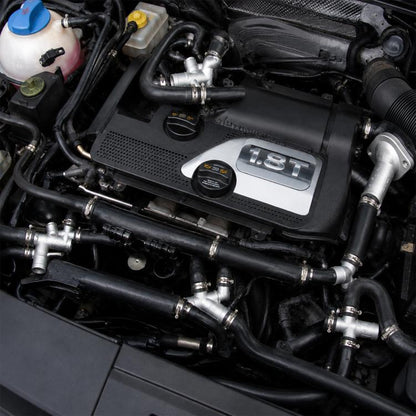 Engine coolant hose connector set installed in engine bay, metal fittings and pipes