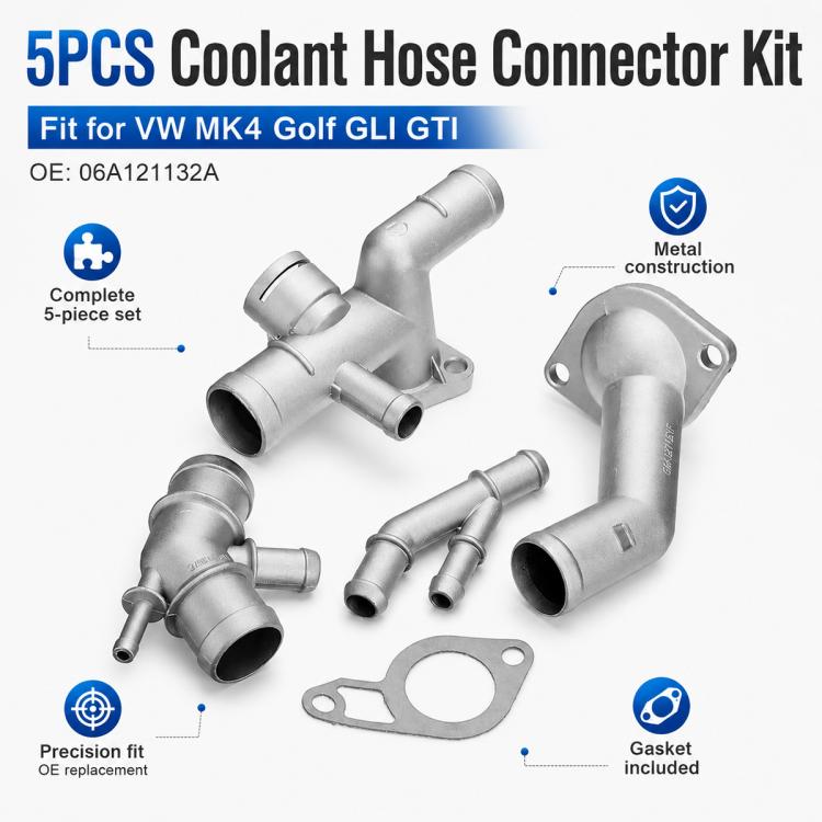 Silver coolant hose connector kit with gasket and multiple pipe connectors, 5-piece set