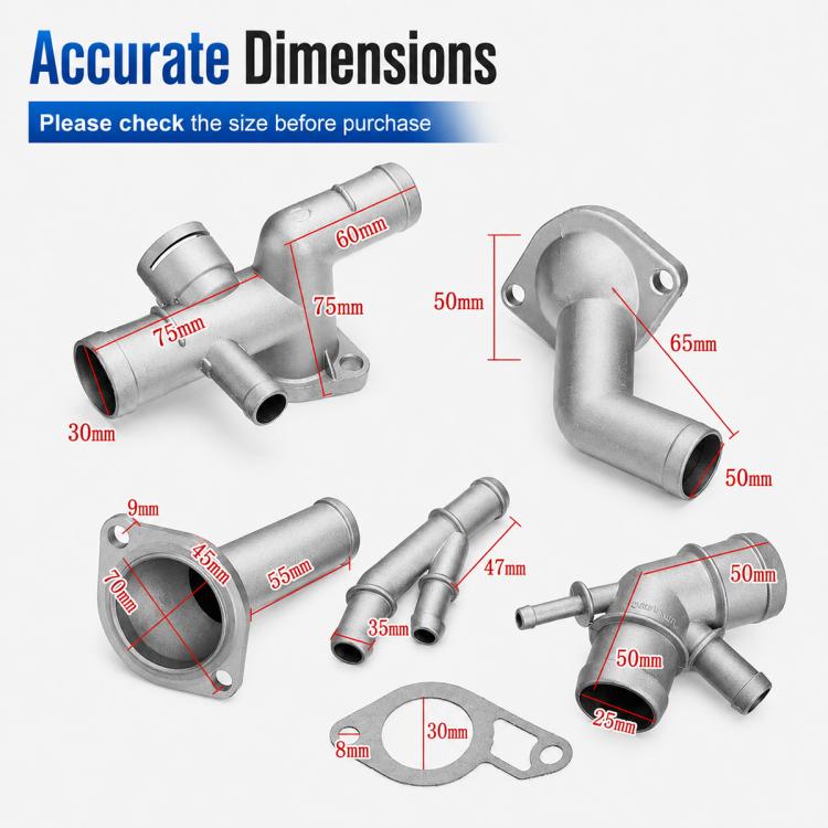Silver 5-piece coolant hose connector kit with flange elbows and gasket