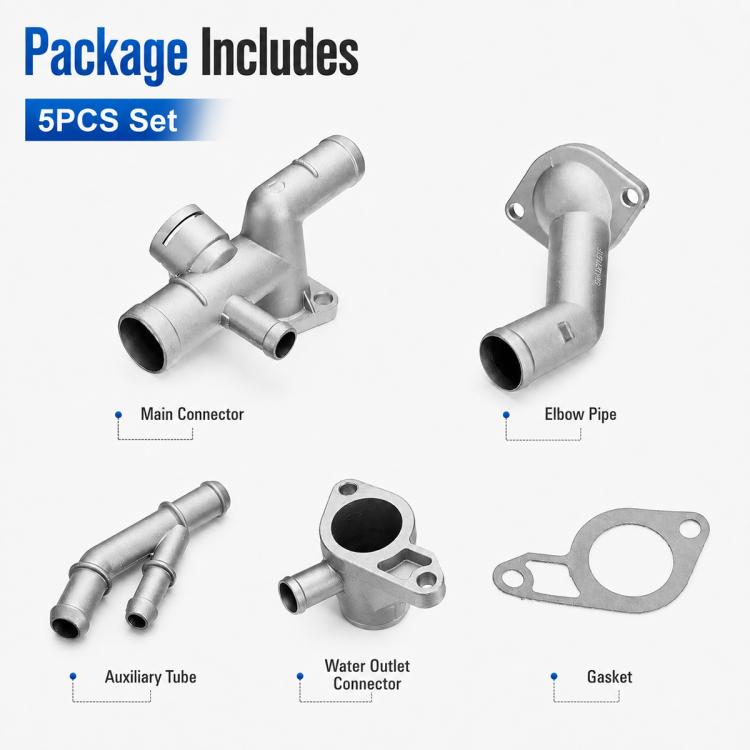 Five-piece coolant hose connector kit with main connector, elbow pipe, tubes and gasket