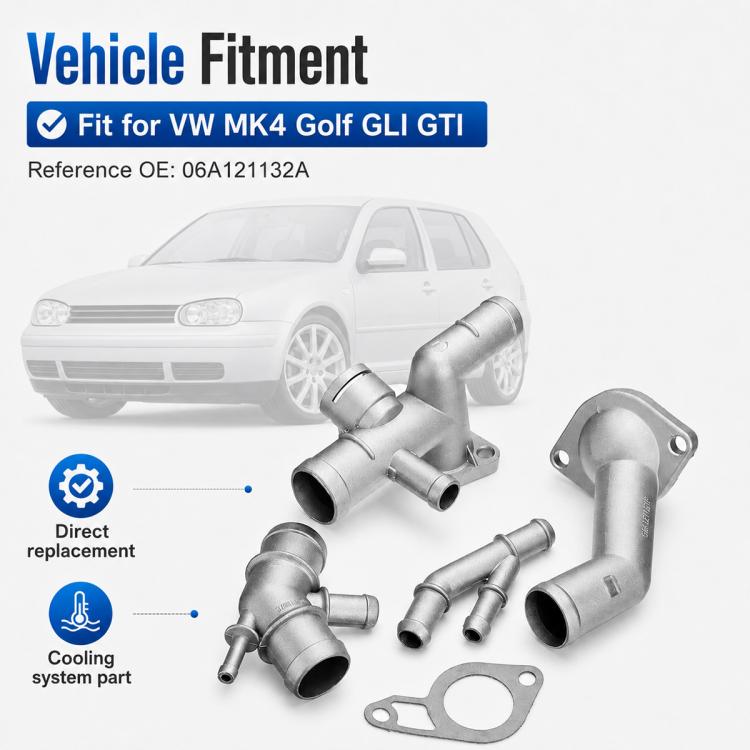 Silver coolant hose connector kit with flange elbow, outlet connector, tubes and gasket