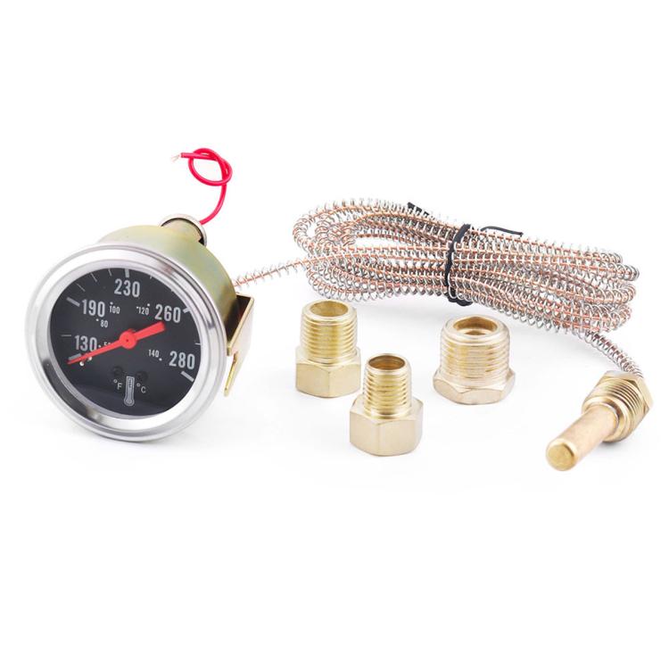 Mechanical water temperature gauge kit with gauge dial, braided tube, and brass connectors.