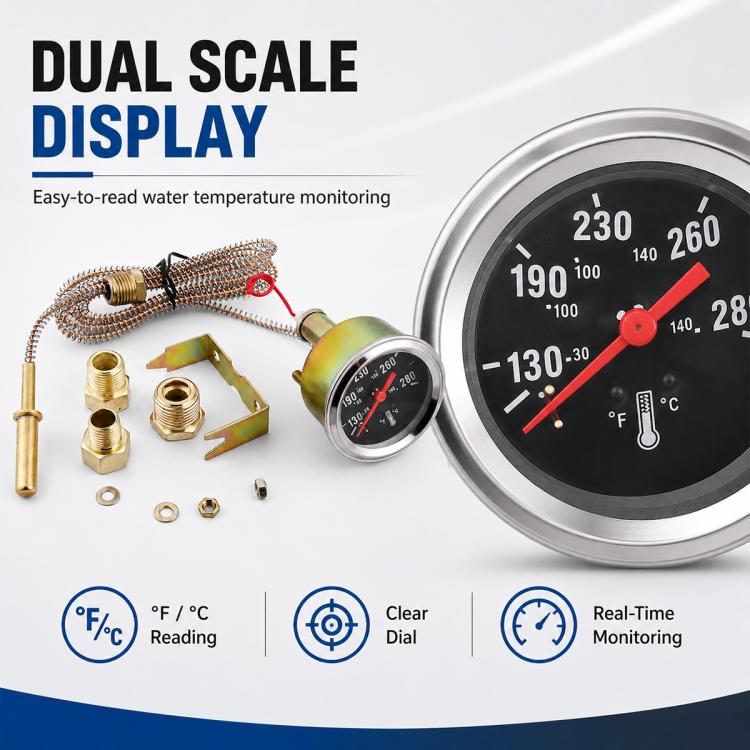 Dual scale water temperature gauge with silver bezel, black dial, and red temperature needle.