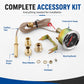 Complete accessory kit for water temperature gauge with sensor probe, brass adapters, and bracket.