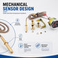 Mechanical water temperature sensor design kit with brass probe, braided protective spring, and gauge.