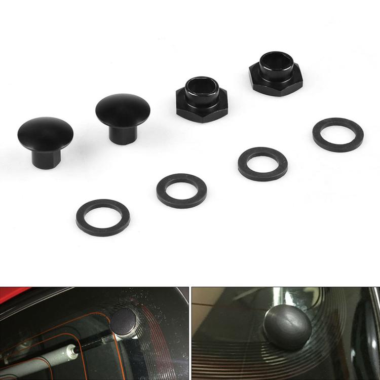 Rear glass strut kit parts: black caps, aluminum nuts, and rubber seals