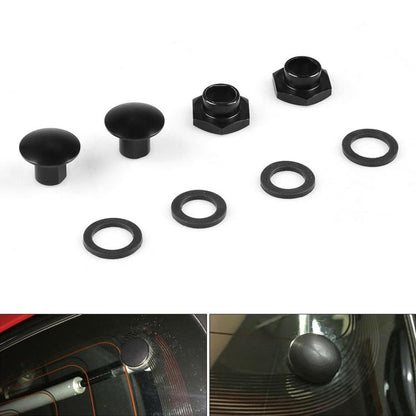 Rear glass strut kit parts: black caps, aluminum nuts, and rubber seals