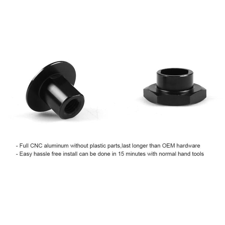 Rear glass strut kit open nut and black cap, shown from angled views