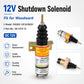 12V shutdown solenoid with mounting bracket, black bellows boot, and side terminals