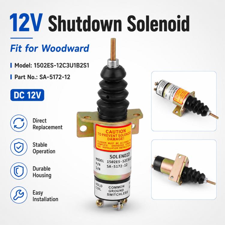 12V shutdown solenoid with mounting bracket, black bellows boot, and side terminals
